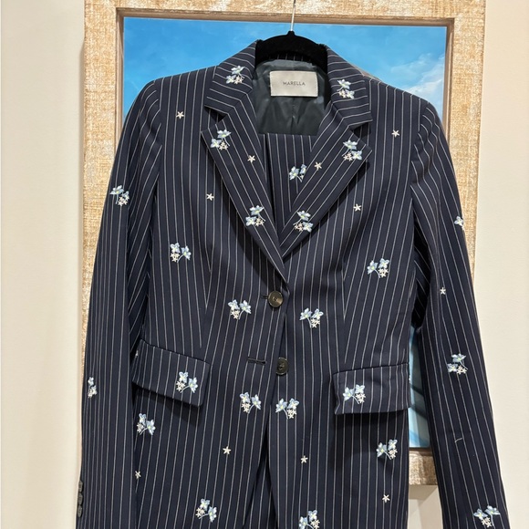 Marella Navy Pinstripe Blazer with Floral Accents